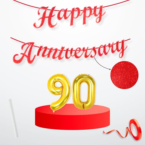 Image of Flyloons 90th Happy Anniversary Banner Red Decorations Kit for Men Women Wedding Anniversary Banner Items without Balloons