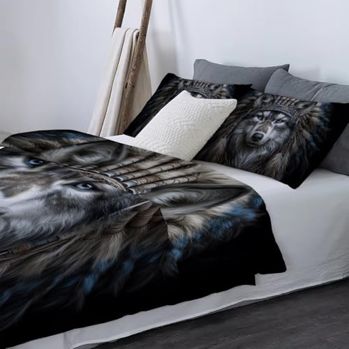 Housse de couette 220x240 loup imprimé plumes avec fermeture éclair invisible - 6