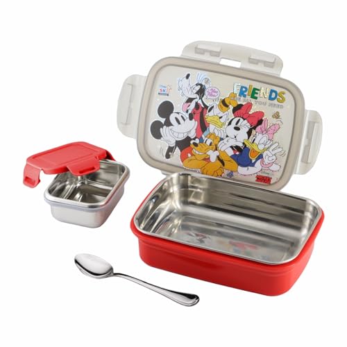 Image of SKi Homeware SnapLock Lunch Box for Kids with Stainless Steel Removable Inner Container +125ml dabbi + Spoon | Leak Resistant | Genuine Character Merchandise | Perfect for Birthday Gifts- Mickey