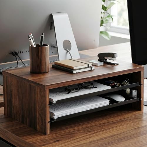 Image of Fenge Monitor Stand, 3-Tier Monitor Riser with Slide-Out Tray, Wooden and Metal Desktop Organizer for Home Office, Computer, Laptop, Printer, Telephone