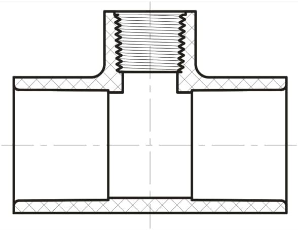 Cross-section diagram of a PVC pipe fitting, showing the internal structure and threaded connection point.