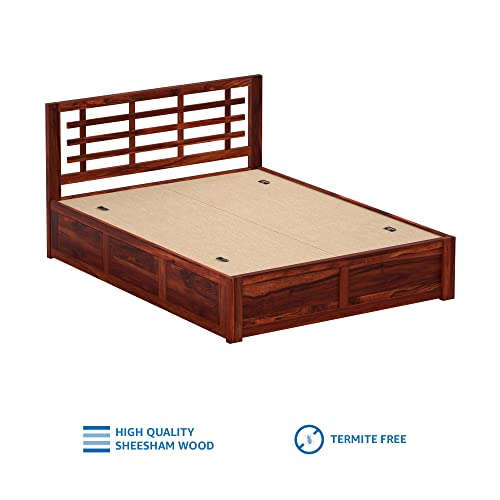 Image of Solid Sheesham Wood Meliora Queen Size Bed with Box Storage Wooden Double Bed Palang Cot for Bedroom, Living Room, Hotel and Home (Honey Finish)