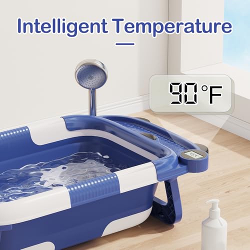 Image of Collapsible Baby Bathtub for Newborn with Real-time Temp Monitor + Soft Floating Cushion Durable Foldable Baby Tubs for Infants to Toddler, Portable Travel Bathtub with Drain Hole Navy Blue