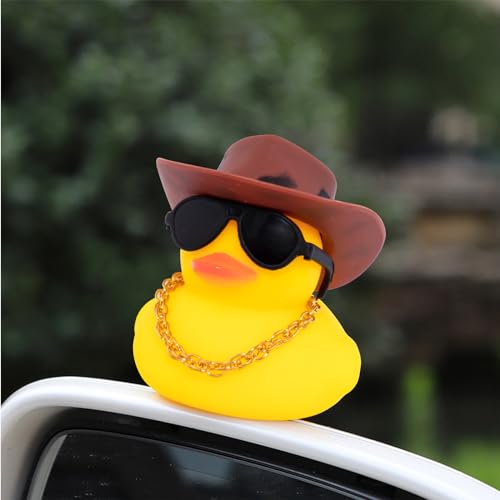 Image of wonuu Car Rubber Duck, Yellow Duck Decoration Dashboard with Sun Hat Swim Ring Necklace Sunglasses for Car Dashboard Decorations, Black Spots Brown Cowboy Hat-Brown Donut