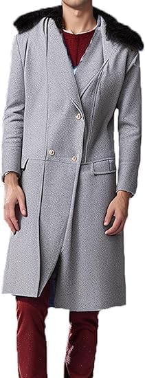 Mens Wool Blend Double Breasted Overcoat Faux Fur Collar Trench Overcoat Winter Slim Fit Long Trench Coat