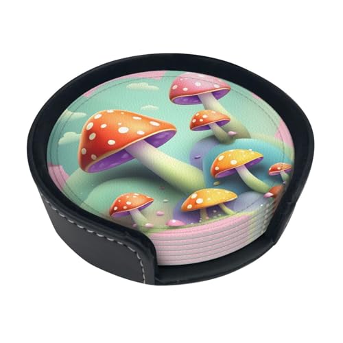 Juego de 6 posavasos de piel con estampado de hongos de ensueño, adecuados para varias tazas, decoración de mesa y protección