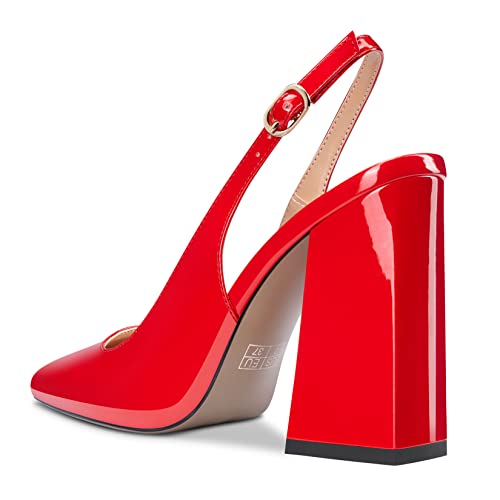 Aachcol Women Slingback Chunky Block High Heel Pumps Close Square Toe Ankle Strap Dress Shoes Party Wedding Patent 4 Inch3