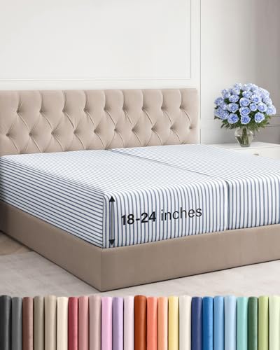 Image of Extra Deep Split King Fitted Sheet - Single Fitted Sheet - Blue Stripes | Easily Fits 18 inch to 24 inch Mattress, Soft, Wrinkle Free, Breathable & Comfy, Extra Deep Pockets Hotel Luxury Fitted Sheet