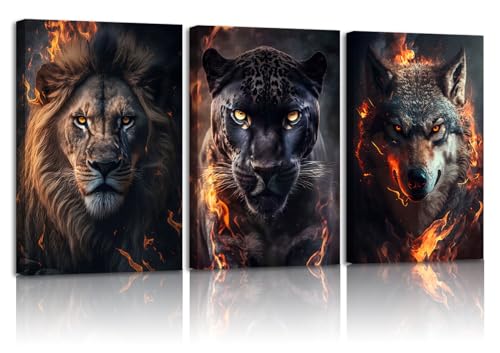 PUUZDGDZ 3 Pieces Lion Canvas Wall Art with Fire Flame Effect Wild Animal Wolf and Jaguar Wall Decor Pictures Modern Predator Painting for Living Room Bedroom Office Ready to Hang (12inx16in Canvas)