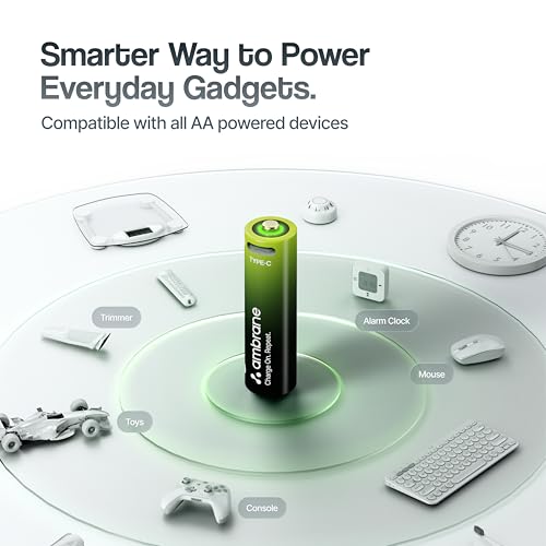 Image of Ambrane AA Type C Rechargeable Batteries, Pack of 2, 1850mAh Lithium Ion Battery, Charge with Any Type C Cable & Adapter, No Separate Charger Required, Save Environment & Money (Reneo, Green)