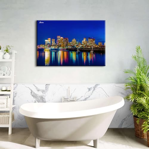 Image of USA City Posters Massachusetts Downtown Skyline Wall Art Cityscape Sunset Night View Canvas Prints Modern Buildings Landmarks Wall Decor Colorful Skyscraper Painting Artwork Office Decorations 32x48 inch