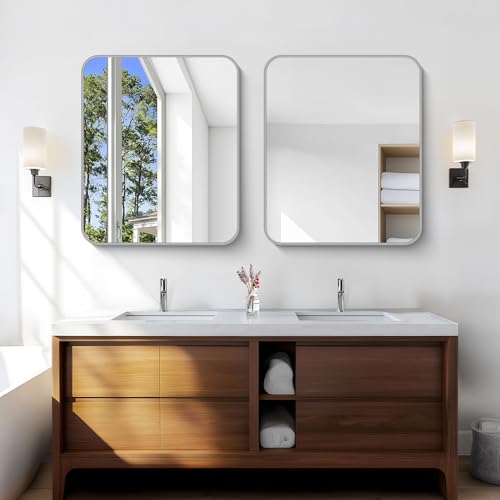 Image of Silver Bathroom Mirror, 30 x 36 Inch Metal Framed Silver Rectangle Mirror, Rounded Corner Rectangular Vanity Mirror, Wall Mounted Mirror for Living Room Bedroom Entryway Horizontal /Vertical