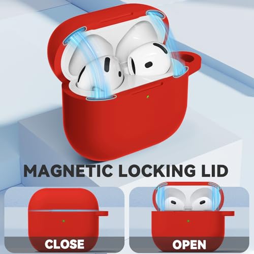 Image of Ljusmicker for AirPods 4 Case 2024 with Magnetic Lock,Red | Soft Silicone Protective Cover for Apple AirPods 4th Generation Case with Cleaner Kit & Keychain for Women Men,Shockproof