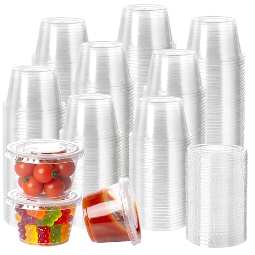 HOMIP 100Pack 4oz Disposable Plastic Portion Cups with Lids Small Mini Sauce Cups for Portion Control Salad Dressing Cups Airtight and Stackable Condiment Cups for Party Holiday and Daily Use