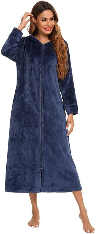 Velvet Robes for Women Long Sleeve Hooded Nightgowns Full Zip Winter Sleepwear Lounge Pajama Robe Fluffy Warm Bathrobe