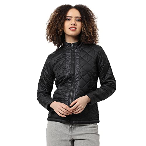 Image of Campus Sutra Women's Black Quilted Regular Fit Bomber Jacket For Winter Wear | Standing Collar | Full Sleeve | Zipper | Casual Jacket For Woman & Girl | Western Stylish Jacket For Women