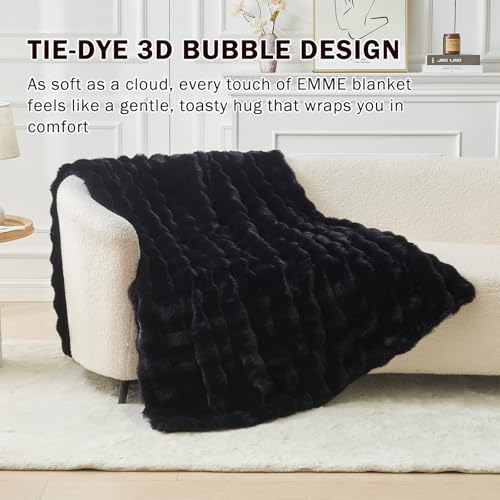 Image of EMME Faux Fur Blanket Twin Size Black - Big Bubble Rabbit Cozy Blanket for Couch, Thick Furry Plush Shaggy Blankets, 650GSM, 60x80 Inches