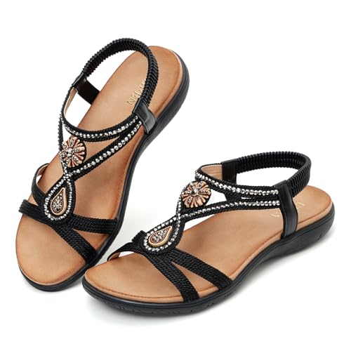 Image of UBFEN Womens Rhinestone Flat Sandals Comfortable Vacation Bohemian Style