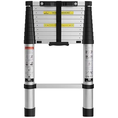 Grefinity 10.5 FT Aluminum Telescoping Ladder, One Button Retraction Extension Ladder, 375 lbs Load Capacity with Non-Slip Wide Feet, Compact Portable for Indoor Outdoor Use, RV, Attic and Roof Use