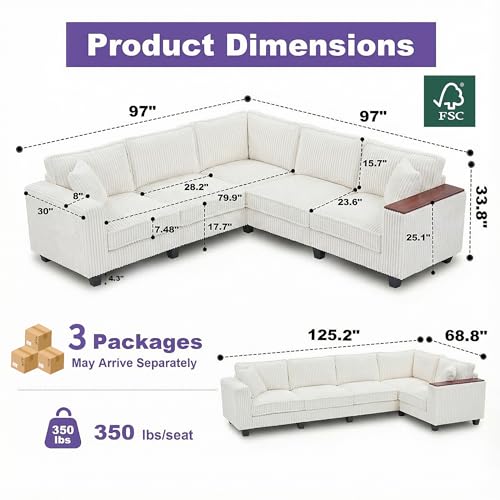 Image of 97 inch L Shaped Sectional Couch, Comfy Corduroy Sectional Couch, Modular Convertible V Shaped Couch, 5 Seat Corner Sofa with 2 Pillows & Storage Armrests for Living Room, Beige