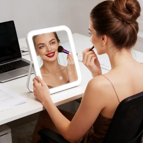 Image of ROLOVE Travel Makeup Mirror with Lights, Ultra-Thin Aluminum Lighted Vanity Mirror, 8 inchx10 inch Rechargeable LED Mirror for Travel & Desk, 3 Color Dimmable Portable Folding Mirror, Gifts for Women