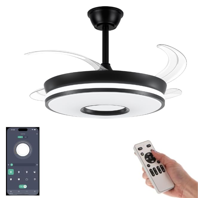 VENTILADOR TECHO LED APP MOVIL FACIL MONTAJE TECHO DC LED ATENUABLE RETRACTIL 4 ASPAS - Opción Sin Pitido, Temporizador, Invierno Verano, 3 Tonos, Modo Brisa, Bajo consumo (NEGRO NUEVO DISEÑO, 107CM)