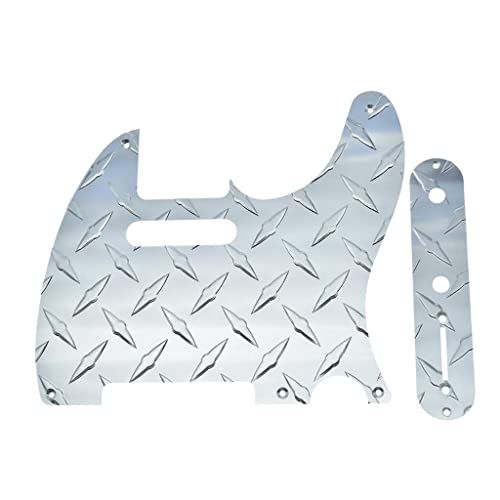 Dopro Metal Diamond Plate 5 Hole Vintage Tele Pickguard with Diamond Plate Control Plate with Screws for American/Mexican FD Tele Silver