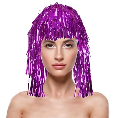 Image of KOLIGHT Shiny Tinsel Hat Wig with Fringe - Colorful Cheerleading Fan Accessory for Holiday Parties, Sports Events & Costume Decorations with Cap+Comb(rose)