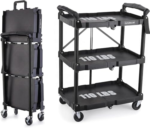 FUTURELAB Portable Folding Service Cart - 3 Tier 330LBS Capacity - Rolling Utility Foldable Cart with Wheels for Warehouse Home Workshops Garages Restaurants Offices