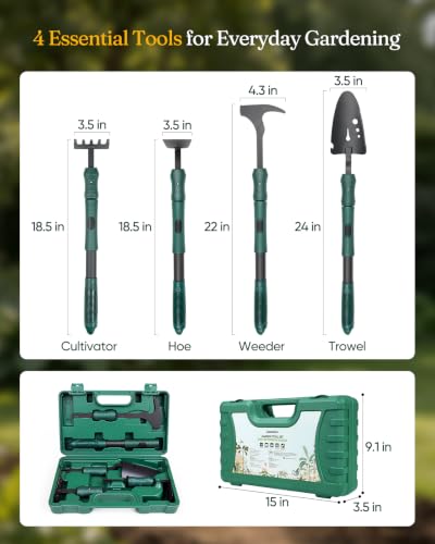 Grenebo Gardening Tool Gift Set, 4 Hand Tools with Case, Green - Image 3