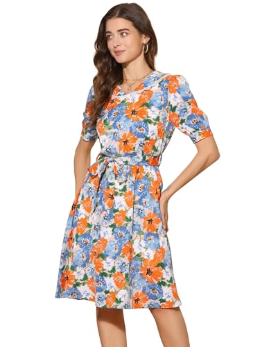 Image of Allegra K Women's Vintage Peter Pan Collar High Waist Flowy Midi Puff Sleeve Floral Dress