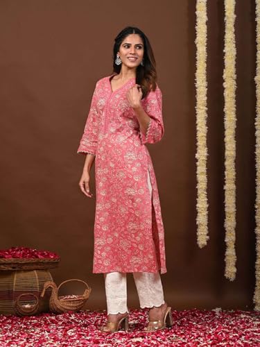 Image of Rimeline Women's Cotton Printed Kurta with Lace Trim Neckline | Straight Fit Ethnic Wear for Office, Casual & Daily Use