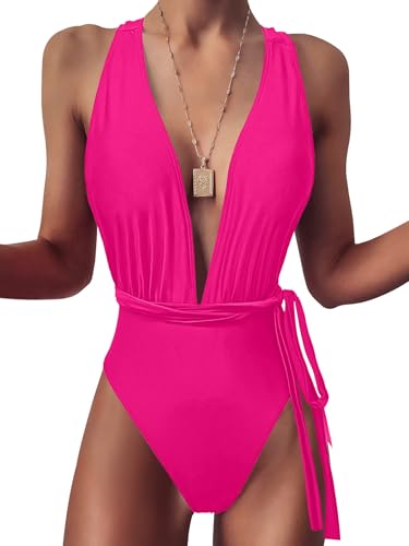 Image of Lilosy Sexy Tie Criss Cross Plunge One Piece Thong Swimsuit High Cut Brazilian Bathing Suit