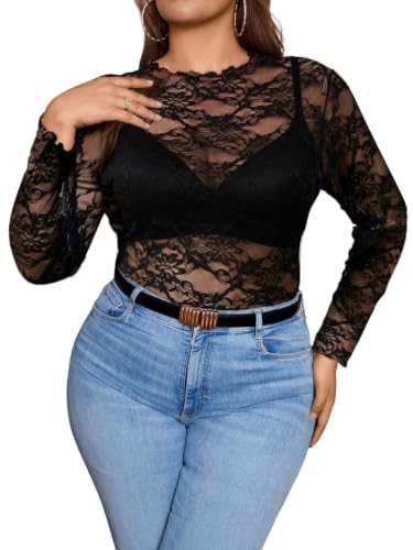 SHENHE Women's Plus Size Lace Tops Floral Mesh Long Sleeve Sheer
