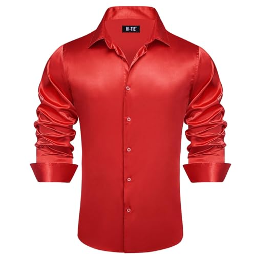 Image of Hi-Tie Men's Silk Satin Dress Shirts Long Sleeve Shiny Casual Button Up Shirts Luxury Party Disco Prom Wedding Shirt