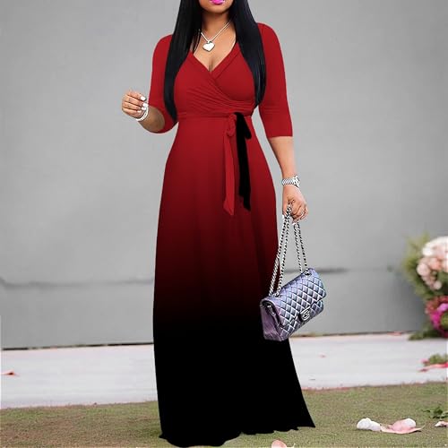 Image of PinkPatty Women's Plus Size Maxi Dress Casual 3 /4 Sleeve Dress with Belt | Soft stretch feel, printed style, flowy A-line fit, v neck, waist tie, side pockets, for vacation, party and daily wear