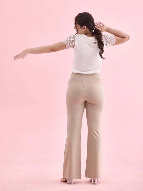 Image of GO COLORS Soft Cotton Stretch Flared Pant Full Length for Women| Breathable, High Rise