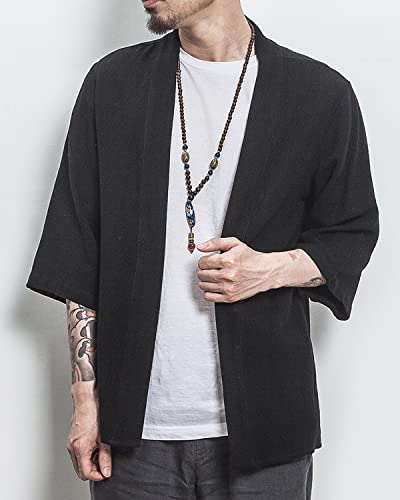 Image of Men's Japanese Kimono Cardigan Loose Cotton Linen 3 /4 Sleeve Open Front Casual Summer Shirt Jackets