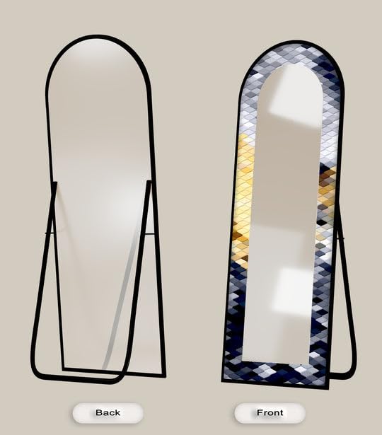 Specchio da pavimento con motivo geometrico in argento, oro e blu navy, 63,5 x 160 cm (larghezza x altezza), specchio da pavimento con cornice nera e cornice nera