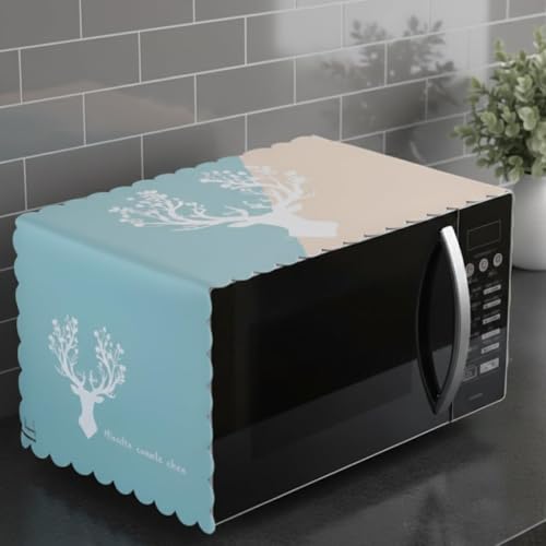 Image of Microwave Oven Cover Waterproof & Dustproof Fabric Protector with Cute Printed Design Fits Standard Countertop Ovens Heat-Resistant, Easy-to-Clean, Durable & Decorative (BLUE)