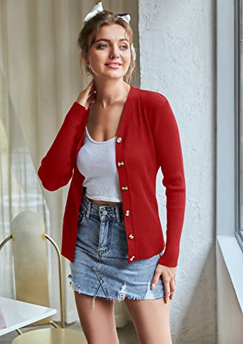 Loose Long Sleeve Sweater Warm Cardigan Vee Neck Tops With Button Placket For Ladies(Xl,Red) #TOP3