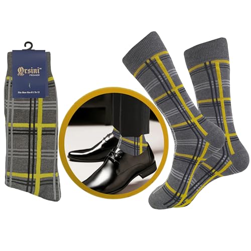 GRAY and YELLOW Color Dress Socks Cotton 3 Pairs Formal & Casual Stripes 10-132