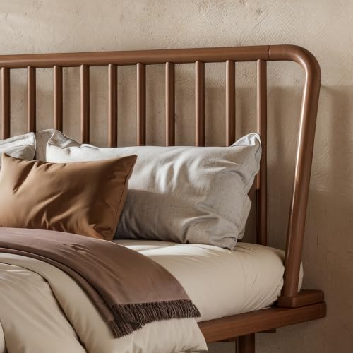 Image of Bellemave Queen Size Bamboo Bed Frame with Slatted Slanted Headboard,Brown