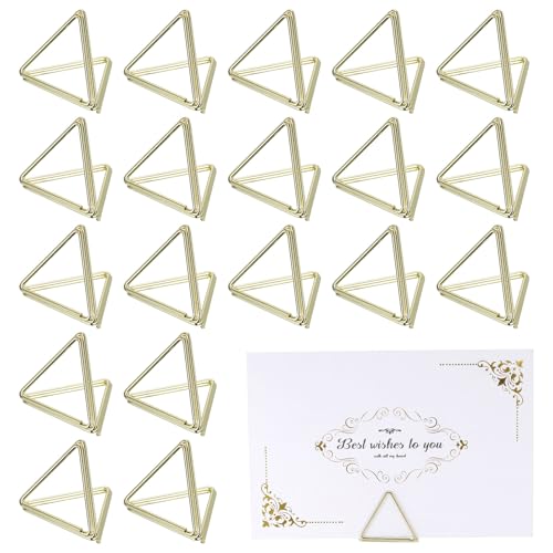 QUARKZMAN 20 Piezas Mini Portatarjetas, Portafotos Triangulares para Mesas Fotos Señales de Comida Notas Memos Bodas Restaurantes Cumpleaños Fiestas, (1.1x1.3, Dorado)