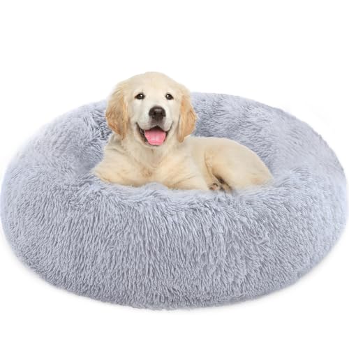 Whome Donut Dog Bed Medium - Bed Round Warm Cuddler Soft Fluffy Pet Beds for Dogs - Anti-Anxiety and Better Sleep - Anti-Slip Bottom - Machine Washable (70CM * 70CM, M, Light Grey)