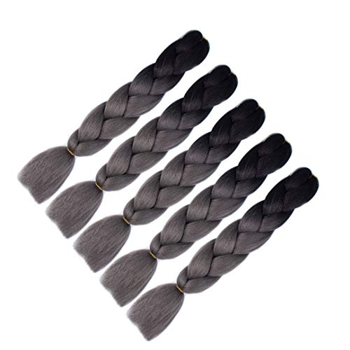 MSBELLE 5PCS Synthetic Braiding Hair for Black Women Kanekalon Braiding Hair Extensions Ombre Jumbo Braids Hair 24 Inch(Black-Deep Grey)