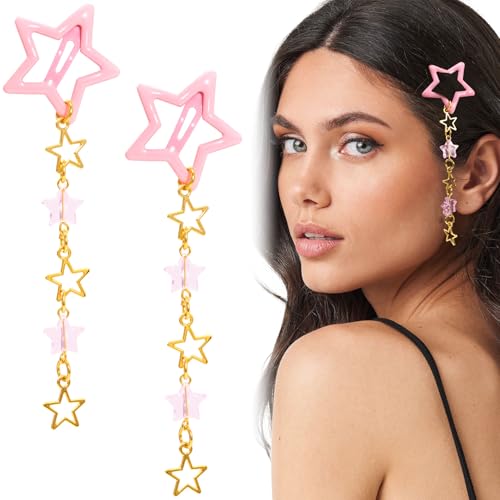Pndeyo 2pcs Star Tassels Hair Clips for Women, Non-Slip 2000s Y2K Hair Snap Barrettes, Cute Star Beaded Pendant Hair Pin Accessories for Braid Long Short Thin Thick Hair- Pink