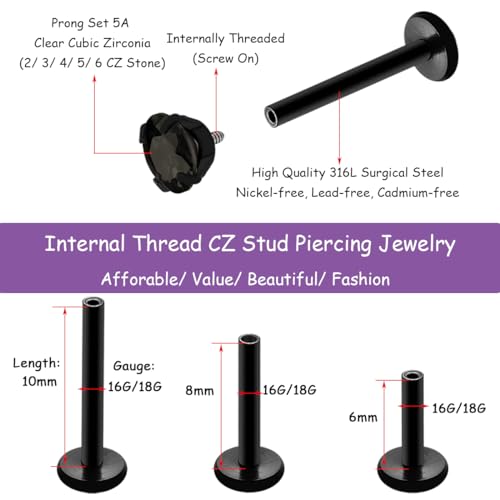 16G 18G Internally Threaded Nose Studs Rings Surgical Steel CZ Cartilage Labret Monroe Piercing Studs Jewelry for Tragus, Conch, Helix, Earlobe - Black Nose Ring for Women Men2