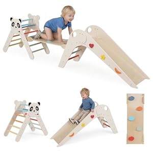 COSTWAY Kletterdreiecke Indoor 3er Set, klappabres Kletterdreieck mit Rutsche, Rampe, Kletterleiter, inkl. Baustein Set, Klettergerüst Holz, Sprossendreieck für Kinder ab 3 Jahr (Macaron)