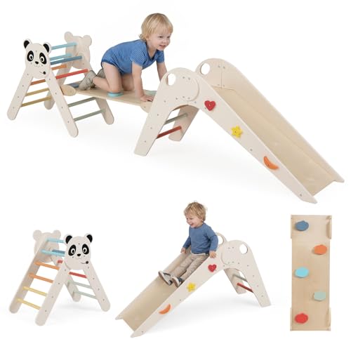 COSTWAY Triangle d’Escalade Montessori Enfant Pliable sur Thème Panda avec Rampe et Échelle, Parcours Motricité Bébé Bois avec Toboggan et Blocs...